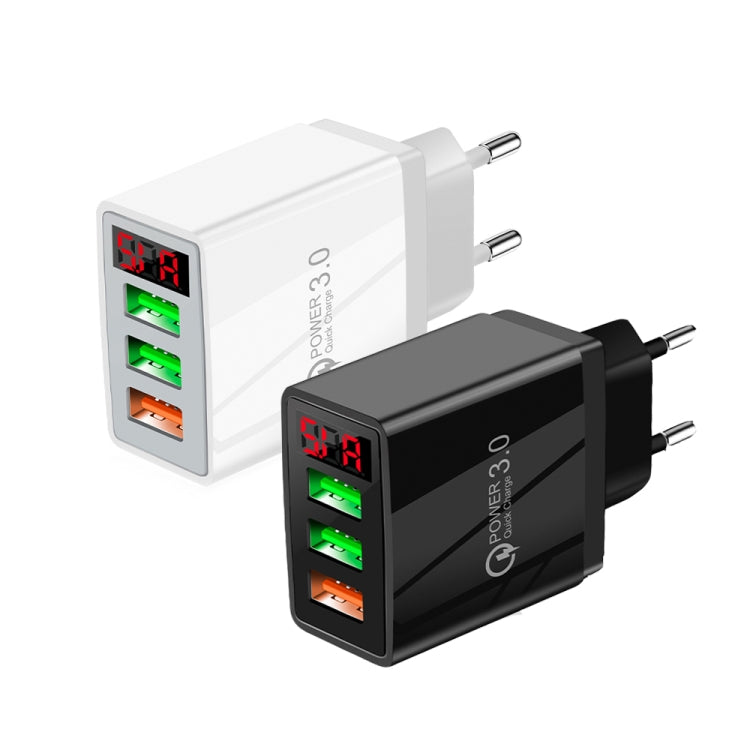 QC-07 5.1A QC3.0 3 x USB Ports Fast Charger with LED Digital Display for Mobile Phones and Tablets, EU Plug(White)
