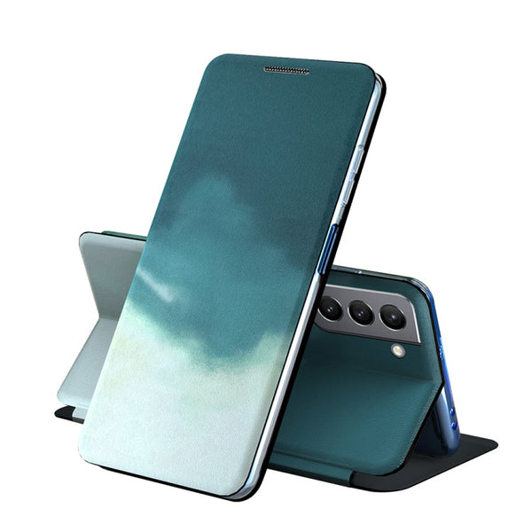 For Samsung Galaxy S21 FE Voltage Watercolor Pattern Skin Feel Magnetic Horizontal Flip PU Leather Case with Holder(Green)