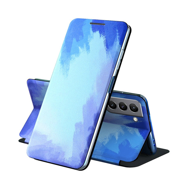 For Samsung Galaxy S21 FE Voltage Watercolor Pattern Skin Feel Magnetic Horizontal Flip PU Leather Case with Holder(Blue)