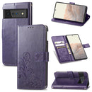For Google Pixel 6 Pro Four-leaf Clasp Embossed Buckle Mobile Phone Protection Leather Case with Lanyard & Card Slot & Wallet & Bracket Function(Purple)