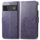 For Google Pixel 6 Pro Four-leaf Clasp Embossed Buckle Mobile Phone Protection Leather Case with Lanyard & Card Slot & Wallet & Bracket Function(Purple)
