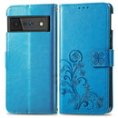 For Google Pixel 6 Pro Four-leaf Clasp Embossed Buckle Mobile Phone Protection Leather Case with Lanyard & Card Slot & Wallet & Bracket Function(Blue)