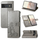 For Google Pixel 6 Pro Four-leaf Clasp Embossed Buckle Mobile Phone Protection Leather Case with Lanyard & Card Slot & Wallet & Bracket Function(Gray)