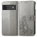 For Google Pixel 6 Pro Four-leaf Clasp Embossed Buckle Mobile Phone Protection Leather Case with Lanyard & Card Slot & Wallet & Bracket Function(Gray)