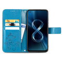 For Asus Zenfone 8 ZS590KS Four-leaf Clasp Embossed Buckle Mobile Phone Protection Leather Case with Lanyard & Card Slot & Wallet & Bracket Function(Blue)
