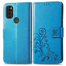 For Blackview A70 Four-leaf Clasp Embossed Buckle Mobile Phone Protection Leather Case with Lanyard & Card Slot & Wallet & Bracket Function(Blue)