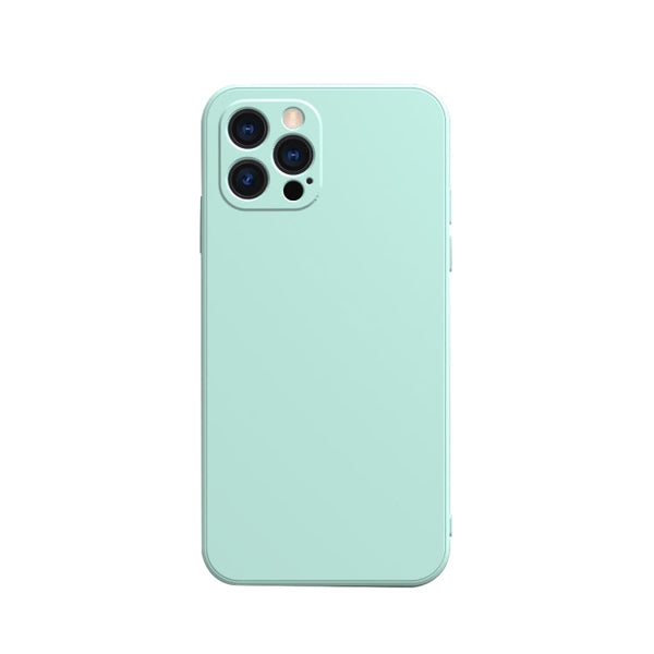 Solid Color Cube Straight Edge Liquid Silicone Lining Flannel Case For iPhone 13 Pro Max (Cyan)