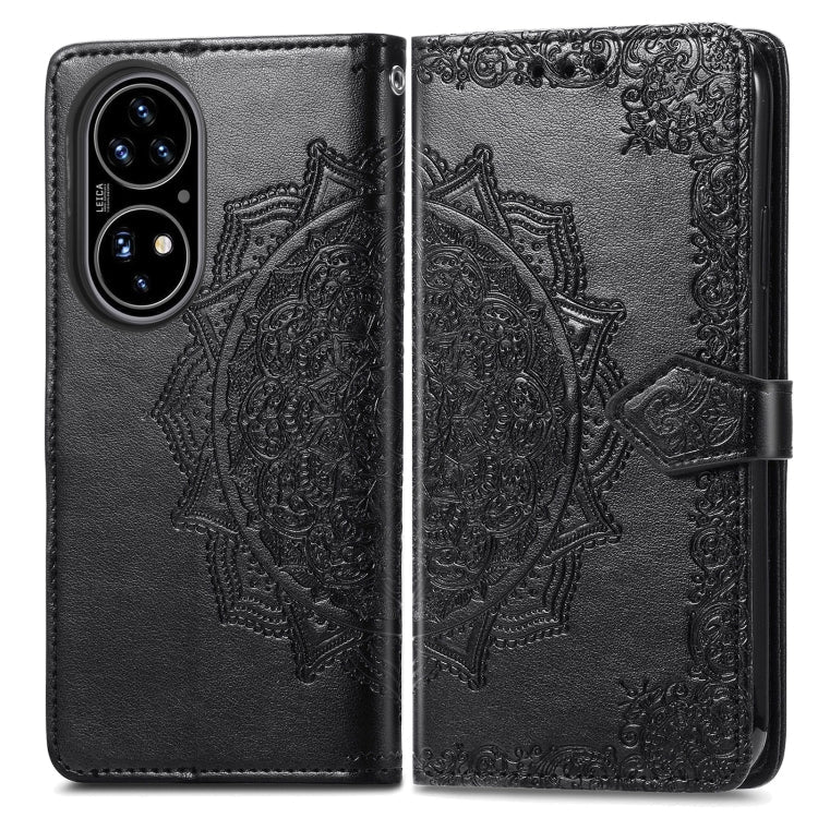 For Huawei P50 Mandala Flower Embossed Horizontal Flip Leather Case with Bracket / Card Slot / Wallet / Lanyard(Black)