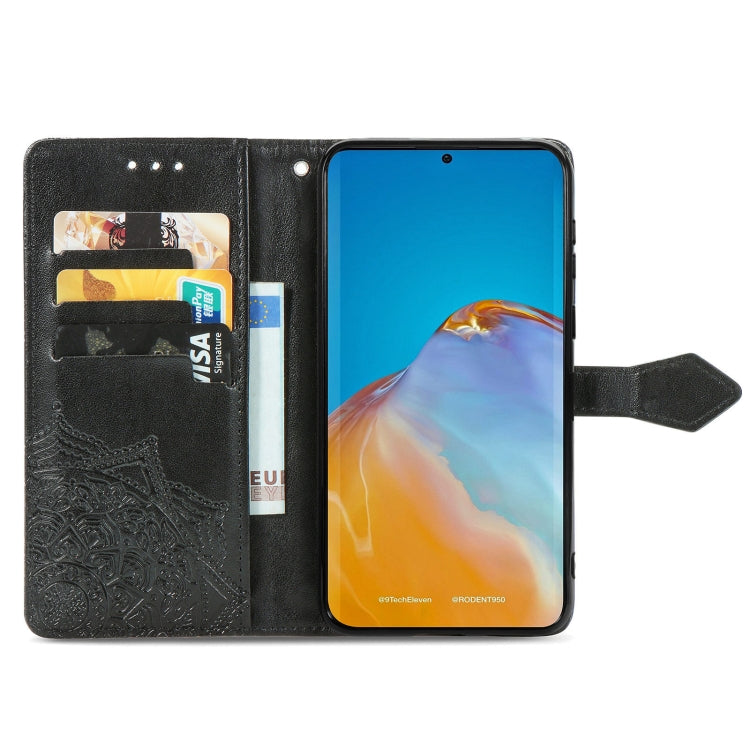 For Huawei P50 Mandala Flower Embossed Horizontal Flip Leather Case with Bracket / Card Slot / Wallet / Lanyard(Black)