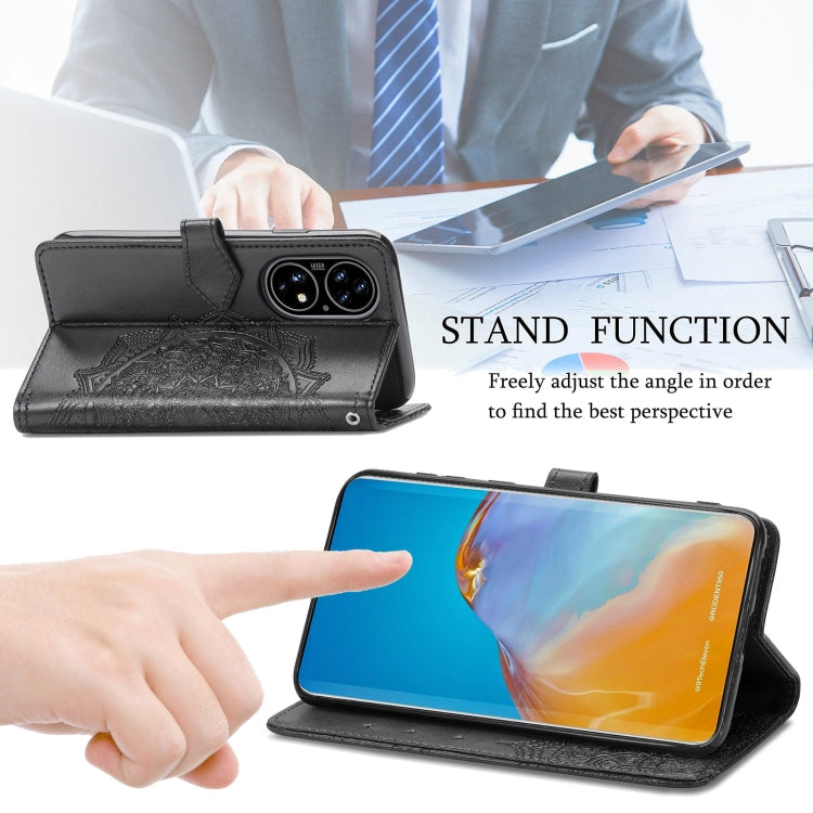 For Huawei P50 Mandala Flower Embossed Horizontal Flip Leather Case with Bracket / Card Slot / Wallet / Lanyard(Black)