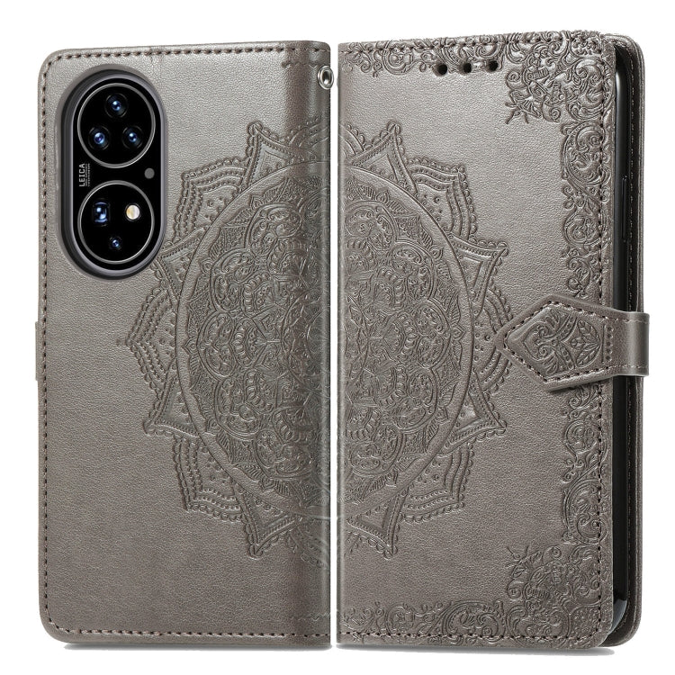 For Huawei P50 Mandala Flower Embossed Horizontal Flip Leather Case with Bracket / Card Slot / Wallet / Lanyard(Grey)
