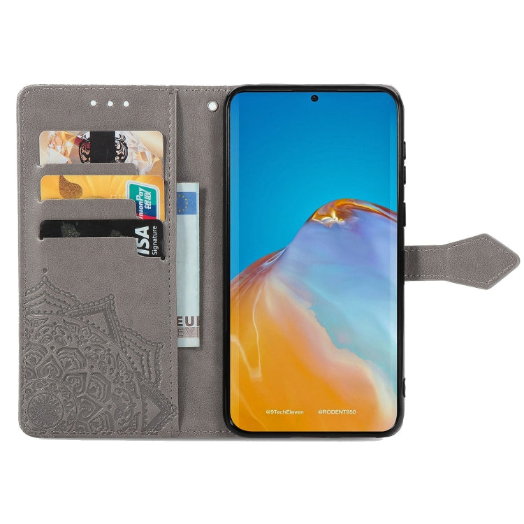 For Huawei P50 Mandala Flower Embossed Horizontal Flip Leather Case with Bracket / Card Slot / Wallet / Lanyard(Grey)