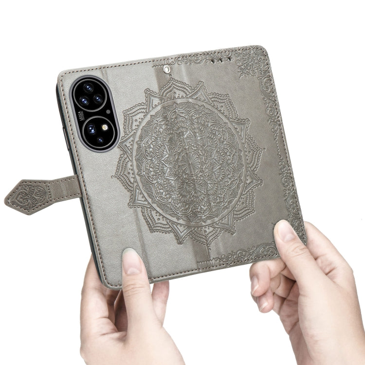 For Huawei P50 Mandala Flower Embossed Horizontal Flip Leather Case with Bracket / Card Slot / Wallet / Lanyard(Grey)