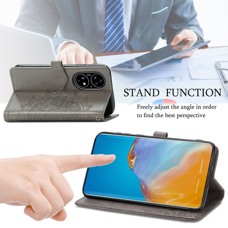 For Huawei P50 Mandala Flower Embossed Horizontal Flip Leather Case with Bracket / Card Slot / Wallet / Lanyard(Grey)