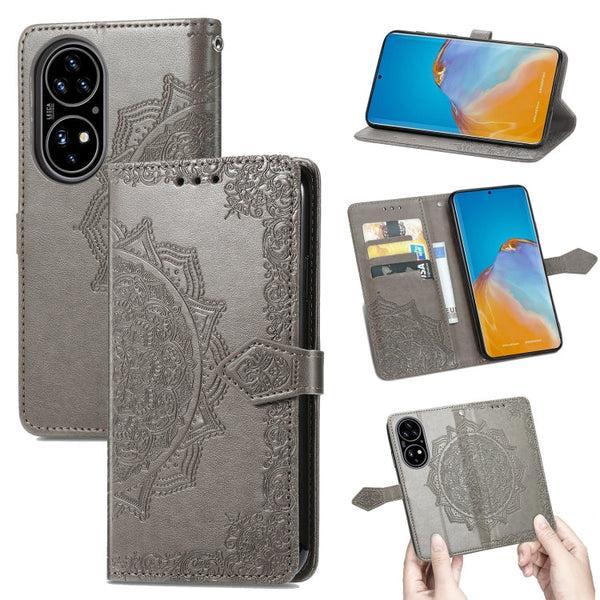 For Huawei P50 Mandala Flower Embossed Horizontal Flip Leather Case with Bracket / Card Slot / Wallet / Lanyard(Grey)