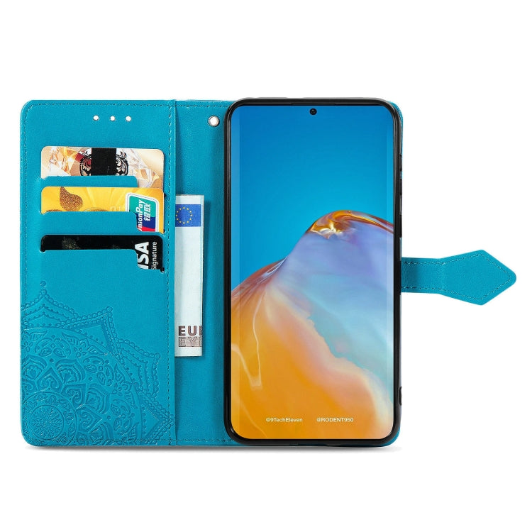 For Huawei P50 Mandala Flower Embossed Horizontal Flip Leather Case with Bracket / Card Slot / Wallet / Lanyard(Blue)