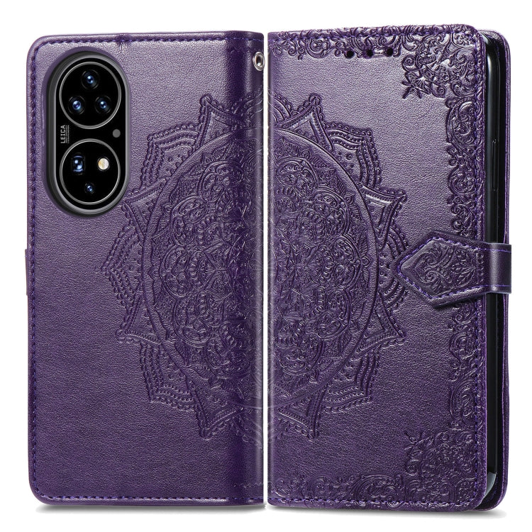 For Huawei P50 Mandala Flower Embossed Horizontal Flip Leather Case with Bracket / Card Slot / Wallet / Lanyard(Purple)