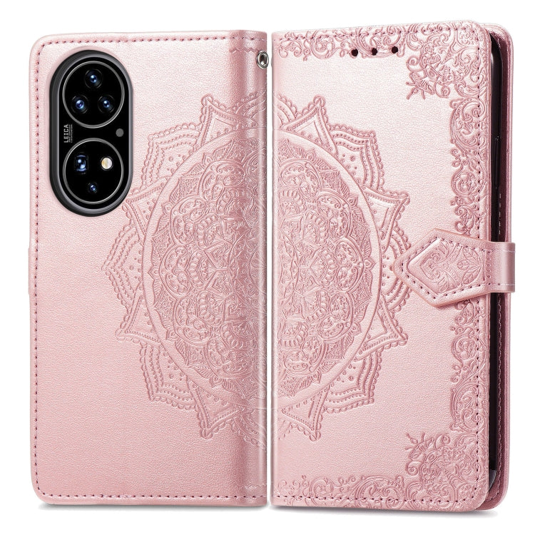 For Huawei P50 Mandala Flower Embossed Horizontal Flip Leather Case with Bracket / Card Slot / Wallet / Lanyard(Rose Gold)