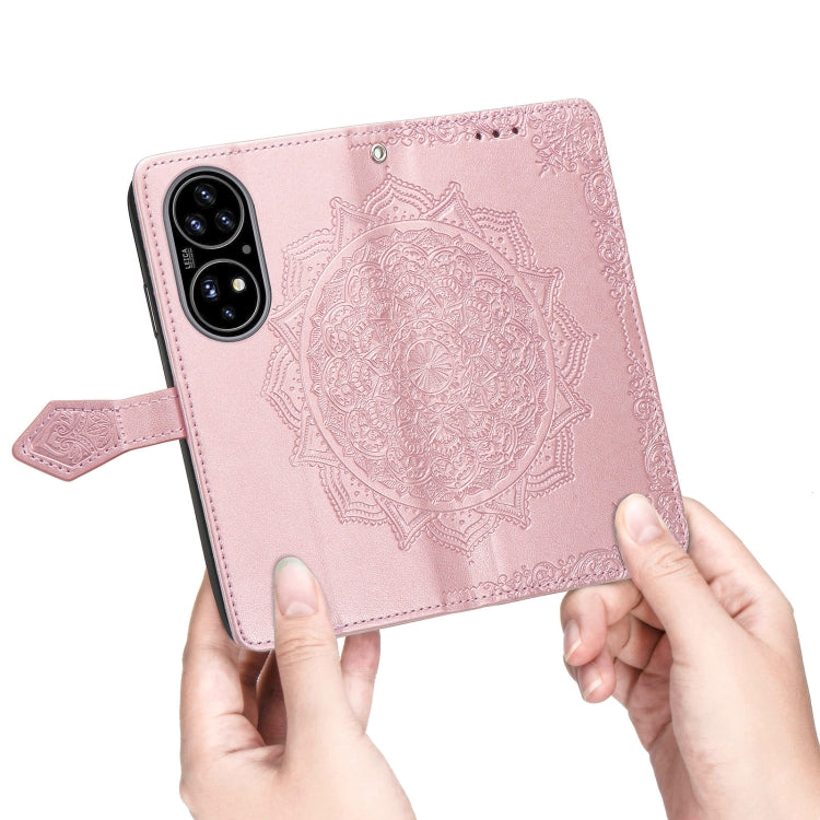 For Huawei P50 Mandala Flower Embossed Horizontal Flip Leather Case with Bracket / Card Slot / Wallet / Lanyard(Rose Gold)