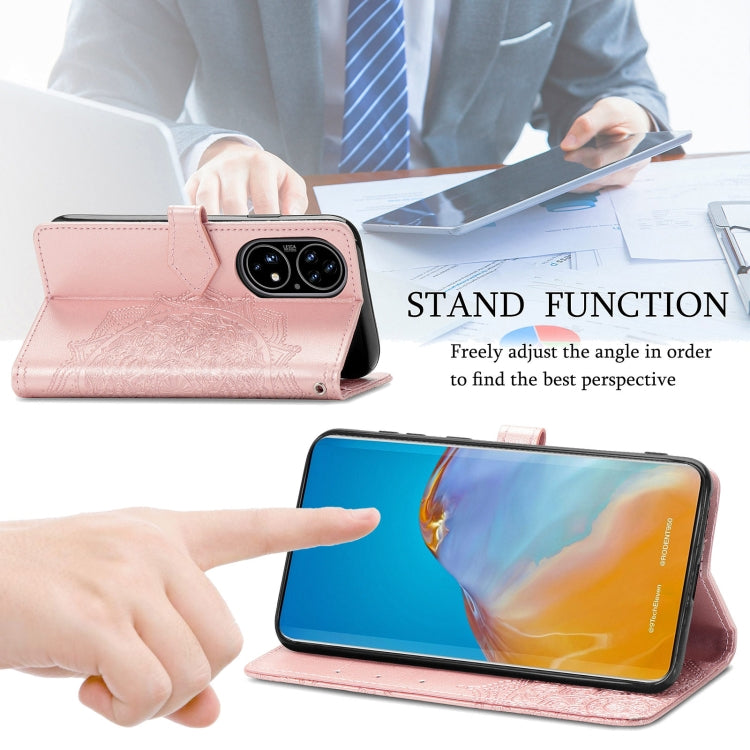 For Huawei P50 Mandala Flower Embossed Horizontal Flip Leather Case with Bracket / Card Slot / Wallet / Lanyard(Rose Gold)