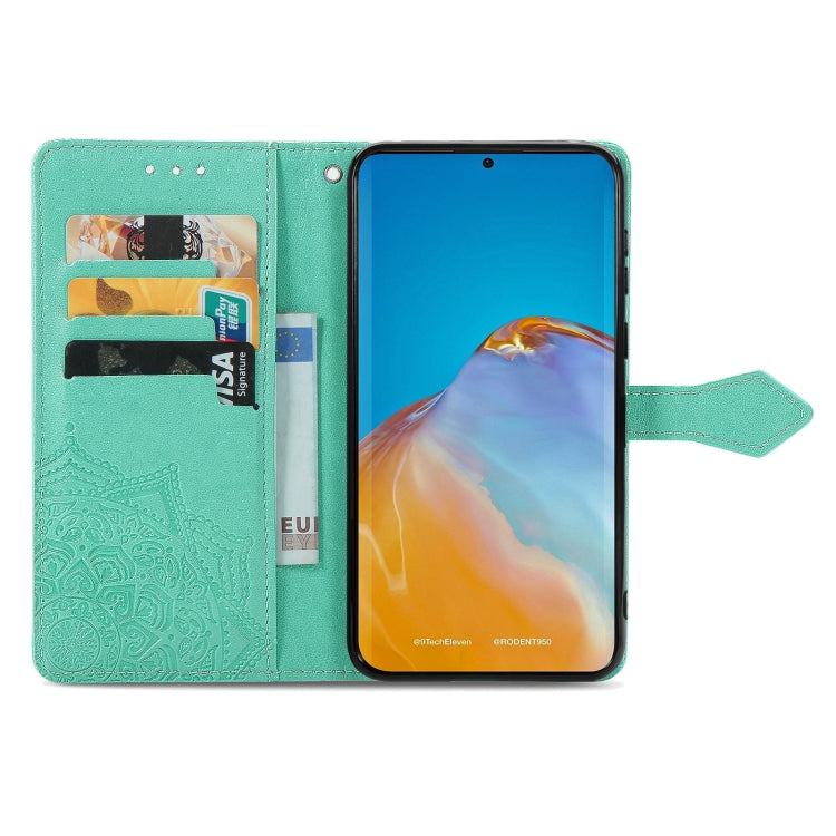 For Huawei P50 Mandala Flower Embossed Horizontal Flip Leather Case with Bracket / Card Slot / Wallet / Lanyard(Green)
