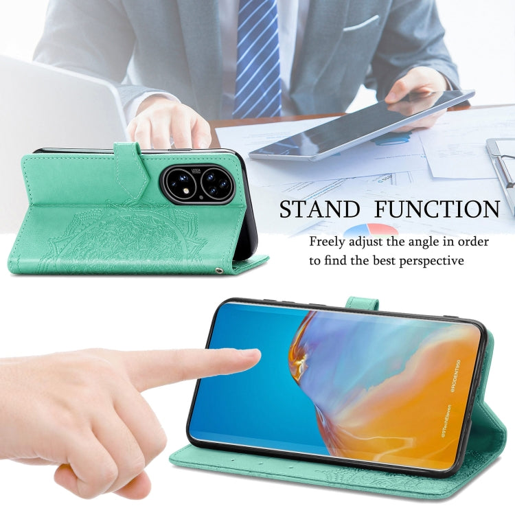 For Huawei P50 Mandala Flower Embossed Horizontal Flip Leather Case with Bracket / Card Slot / Wallet / Lanyard(Green)