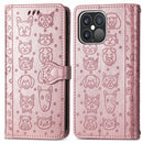 Cute Cat and Dog Embossed Horizontal Flip Leather Case with Holder & Card Slots & Wallet & Lanyard For iPhone 13 Pro Max(Rose Gold)