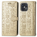 Cute Cat and Dog Embossed Horizontal Flip Leather Case with Holder & Card Slots & Wallet & Lanyard For iPhone 13 Pro Max(Gold)