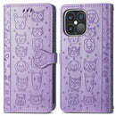 Cute Cat and Dog Embossed Horizontal Flip Leather Case with Holder & Card Slots & Wallet & Lanyard For iPhone 13 Pro(Purple)