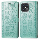 Cute Cat and Dog Embossed Horizontal Flip Leather Case with Holder & Card Slots & Wallet & Lanyard For iPhone 13 Pro(Green)