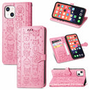Cute Cat and Dog Embossed Horizontal Flip Leather Case with Holder & Card Slots & Wallet & Lanyard For iPhone 13(Pink)