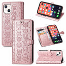 Cute Cat and Dog Embossed Horizontal Flip Leather Case with Holder & Card Slots & Wallet & Lanyard For iPhone 13(Rose Gold)