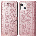 Cute Cat and Dog Embossed Horizontal Flip Leather Case with Holder & Card Slots & Wallet & Lanyard For iPhone 13(Rose Gold)