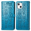 Cute Cat and Dog Embossed Horizontal Flip Leather Case with Holder & Card Slots & Wallet & Lanyard For iPhone 13(Blue)