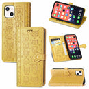 Cute Cat and Dog Embossed Horizontal Flip Leather Case with Holder & Card Slots & Wallet & Lanyard For iPhone 13(Yellow)