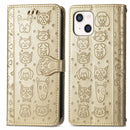 Cute Cat and Dog Embossed Horizontal Flip Leather Case with Holder & Card Slots & Wallet & Lanyard For iPhone 13(Gold)