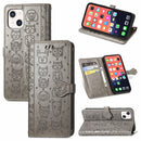Cute Cat and Dog Embossed Horizontal Flip Leather Case with Holder & Card Slots & Wallet & Lanyard For iPhone 13(Gray)
