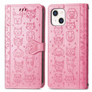 Cute Cat and Dog Embossed Horizontal Flip Leather Case with Holder & Card Slots & Wallet & Lanyard For iPhone 13 mini(Pink)