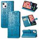 Cute Cat and Dog Embossed Horizontal Flip Leather Case with Holder & Card Slots & Wallet & Lanyard For iPhone 13 mini(Blue)