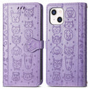 Cute Cat and Dog Embossed Horizontal Flip Leather Case with Holder & Card Slots & Wallet & Lanyard For iPhone 13 mini(Purple)