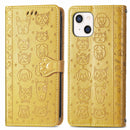Cute Cat and Dog Embossed Horizontal Flip Leather Case with Holder & Card Slots & Wallet & Lanyard For iPhone 13 mini(Yellow)