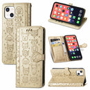 Cute Cat and Dog Embossed Horizontal Flip Leather Case with Holder & Card Slots & Wallet & Lanyard For iPhone 13 mini(Gold)