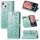 Cute Cat and Dog Embossed Horizontal Flip Leather Case with Holder & Card Slots & Wallet & Lanyard For iPhone 13 mini(Green)