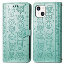 Cute Cat and Dog Embossed Horizontal Flip Leather Case with Holder & Card Slots & Wallet & Lanyard For iPhone 13 mini(Green)