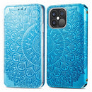 For iPhone 13 Pro Max Blooming Mandala Embossed Pattern Magnetic Horizontal Flip Leather Case with Holder & Card Slots & Wallet(Blue)