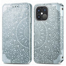 For iPhone 13 Pro Max Blooming Mandala Embossed Pattern Magnetic Horizontal Flip Leather Case with Holder & Card Slots & Wallet(Grey)