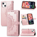 Mandala Flower Embossed Horizontal Flip Leather Case with Holder & Three Card Slots & Wallet & Lanyard For iPhone 13 (Rose Gold)