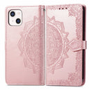Mandala Flower Embossed Horizontal Flip Leather Case with Holder & Three Card Slots & Wallet & Lanyard For iPhone 13 (Rose Gold)