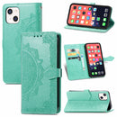 Mandala Flower Embossed Horizontal Flip Leather Case with Holder & Three Card Slots & Wallet & Lanyard For iPhone 13 (Green)
