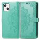 Mandala Flower Embossed Horizontal Flip Leather Case with Holder & Three Card Slots & Wallet & Lanyard For iPhone 13 (Green)